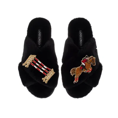 Laines London Women's Classic Laines Slippers With Show Jump Horse Brooches - Black