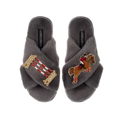 Laines London Women's Classic Laines Slippers With Show Jump Horse Brooches - Grey