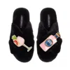 Laines London Women's Classic Laines Slippers With Sicilian Pink & Grapefruit Gin Brooches - Black In Black