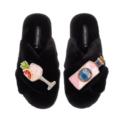 Laines London Women's Classic Laines Slippers With Sicilian Pink & Grapefruit Gin Brooches - Black