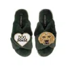 Laines London Women's Classic Laines Slippers With Skip The Golden Lab & Dog Mum / Mom Brooches - Limited Edition In Green