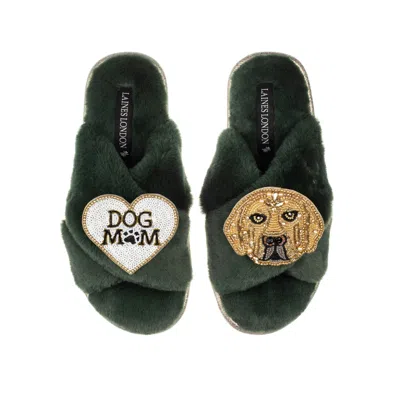 Laines London Women's Classic Laines Slippers With Skip The Golden Lab & Dog Mum / Mom Brooches - Limited Edition In Green