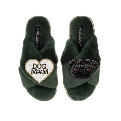 Laines London Women's Classic Laines Slippers With Snoopy Pug & Dog Mum / Mom Brooches - Limited Edition Green