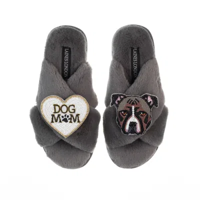 Laines London Women's Classic Laines Slippers With Staffy & Dog Mum / Mom Brooches - Grey