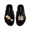 Laines London Women's Classic Laines Slippers With Stripe 18th Birthday & Glass Of Champagne Brooches - Black In Black