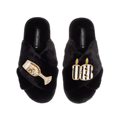 Laines London Women's Classic Laines Slippers With Stripe 18th Birthday & Glass Of Champagne Brooches - Black