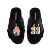 Laines London Women's Classic Laines Slippers With Stripe 21st Birthday & Cake Brooches - Black In Black