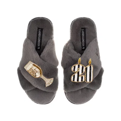 Laines London Women's Classic Laines Slippers With Stripe 21st Birthday & Glass Of Champagne Brooches - Grey