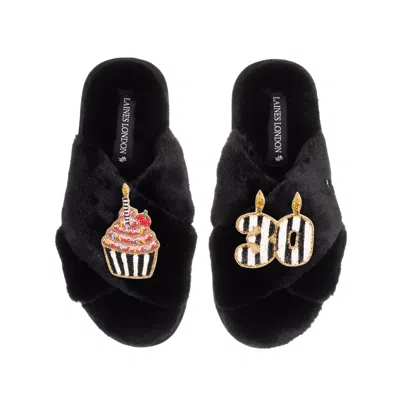 Laines London Women's Classic Laines Slippers With Stripe 30th Birthday & Cake Brooches - Black