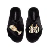 Laines London Women's Classic Laines Slippers With Stripe 30th Birthday & Glass Of Champagne Brooches - Black In Black