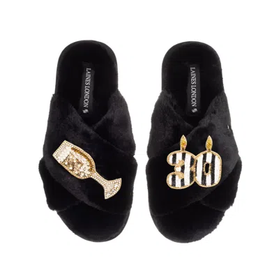 Laines London Women's Classic Laines Slippers With Stripe 30th Birthday & Glass Of Champagne Brooches - Black