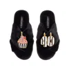 Laines London Women's Classic Laines Slippers With Stripe 40th Birthday & Cake Brooches - Black In Black