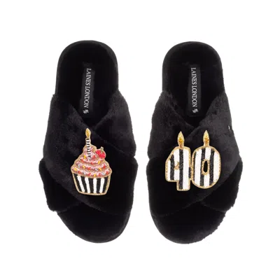 Laines London Women's Classic Laines Slippers With Stripe 40th Birthday & Cake Brooches - Black