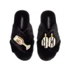 Laines London Women's Classic Laines Slippers With Stripe 40th Birthday & Glass Of Champagne Brooches - Black In Black