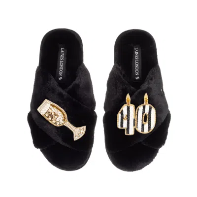 Laines London Women's Classic Laines Slippers With Stripe 40th Birthday & Glass Of Champagne Brooches - Black