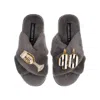 Laines London Women's Classic Laines Slippers With Stripe 40th Birthday & Glass Of Champagne Brooches - Grey In Grey