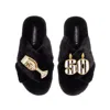 Laines London Women's Classic Laines Slippers With Stripe 50th Birthday & Glass Of Champagne Brooches - Black In Black