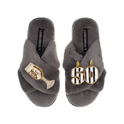 Laines London Women's Classic Laines Slippers With Stripe 50th Birthday & Glass Of Champagne Brooches - Grey