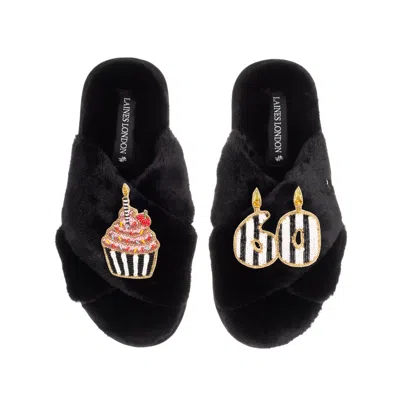 Laines London Women's Classic Laines Slippers With Stripe 60th Birthday & Cake Brooches - Black