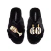 Laines London Women's Classic Laines Slippers With Stripe 60th Birthday & Glass Of Champagne Brooches - Black In Black