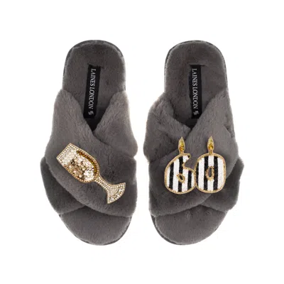 Laines London Women's Classic Laines Slippers With Stripe 60th Birthday & Glass Of Champagne Brooches - Grey