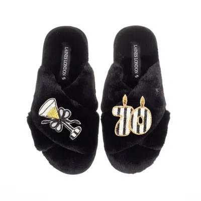 Laines London Women's Classic Laines Slippers With Stripe 70 Th Birthday & Glass Of Champagne Brooches - Black