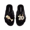 Laines London Women's Classic Laines Slippers With Stripe 70th Birthday & Glass Of Champagne Brooches - Black In Black
