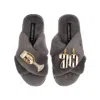 Laines London Women's Classic Laines Slippers With Stripe 70th Birthday & Glass Of Champagne Brooches - Grey In Grey