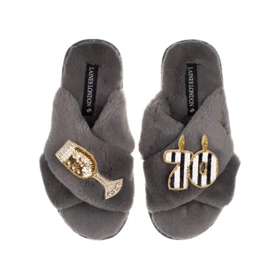 Laines London Women's Classic Laines Slippers With Stripe 70th Birthday & Glass Of Champagne Brooches - Grey
