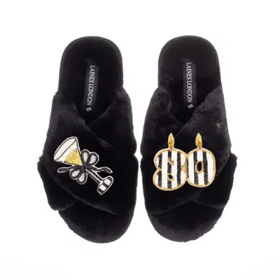 Laines London Women's Classic Laines Slippers With Stripe 80 Th Birthday & Glass Of Champagne Brooches - Black