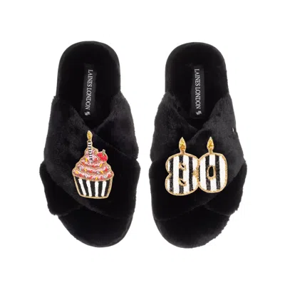 Laines London Women's Classic Laines Slippers With Stripe 80th Birthday & Cake Brooches - Black
