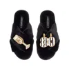 Laines London Women's Classic Laines Slippers With Stripe 80th Birthday & Glass Of Champagne Brooches - Black In Black