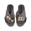 Laines London Women's Classic Laines Slippers With Stripe 80th Birthday & Glass Of Champagne Brooches - Grey In Grey