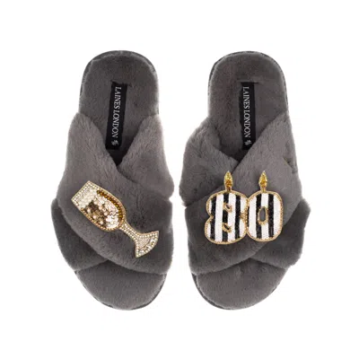 Laines London Women's Classic Laines Slippers With Stripe 80th Birthday & Glass Of Champagne Brooches - Grey