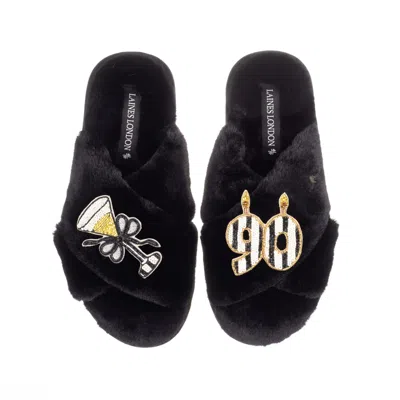 Laines London Women's Classic Laines Slippers With Stripe 90th Birthday & Glass Of Champagne Brooches - Black