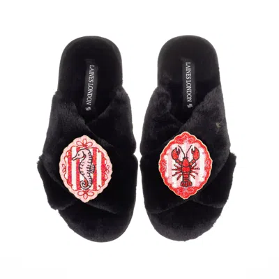 Laines London Women's Classic Laines Slippers With Stripe Seahorse & Lobster Brooches - Black