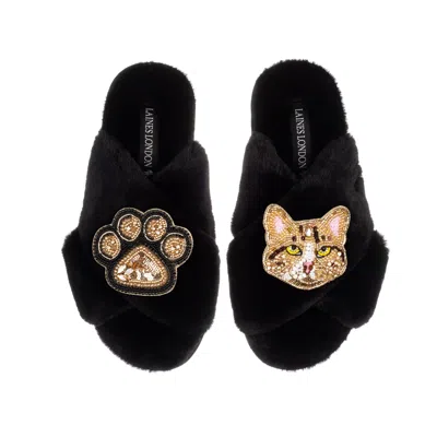 Laines London Women's Classic Laines Slippers With Tabby Cat & Paw Brooches - Black