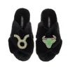Laines London Women's Classic Laines Slippers With Taurus Zodiac Brooches - Black In Black