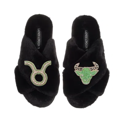 Laines London Women's Classic Laines Slippers With Taurus Zodiac Brooches - Black