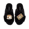 Laines London Women's Classic Laines Slippers With Tea & Biscuit Brooches - Black In Black
