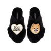 Laines London Women's Classic Laines Slippers With Teddy The Pomeranian & Dog Mum / Mom Brooches - Black In Black