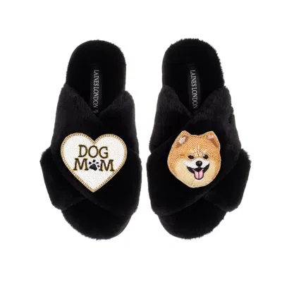 Laines London Women's Classic Laines Slippers With Teddy The Pomeranian & Dog Mum / Mom Brooches - Black
