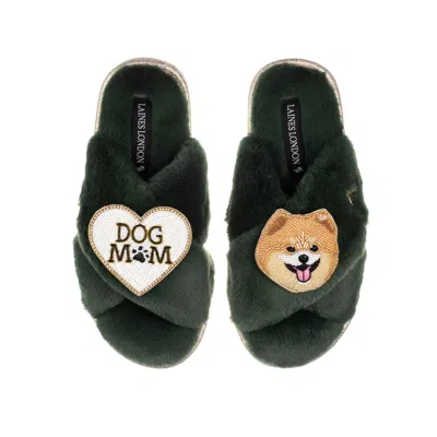 Laines London Women's Classic Laines Slippers With Teddy The Pomeranian & Dog Mum / Mom Brooches - Limited Edition In Green