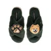 Laines London Women's Classic Laines Slippers With Teddy The Pomeranian & Paw Brooches - Limited Edition Green In Green