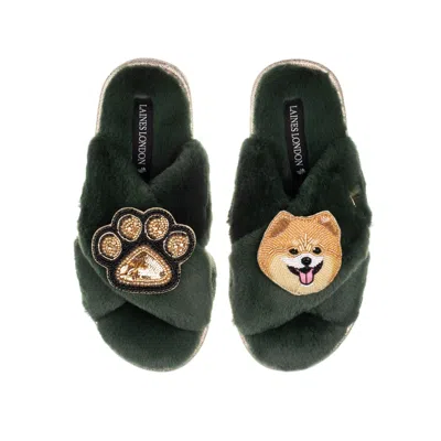 Laines London Women's Classic Laines Slippers With Teddy The Pomeranian & Paw Brooches - Limited Edition Green