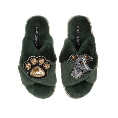 Laines London Women's Classic Laines Slippers With Vinny The Italian Greyhound & Paw Brooches - Limited Edition Gr In Green