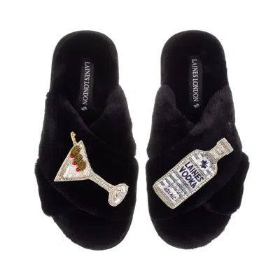 Laines London Women's Classic Laines Slippers With Vodka Martini Brooches - Black