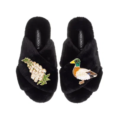 Laines London Women's Classic Laines Slippers With White Foxglove Flowers & Duck Brooches - Black