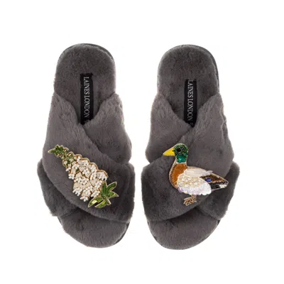 Laines London Women's Classic Laines Slippers With White Foxglove Flowers & Duck Brooches - Grey