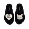 Laines London Women's Classic Laines Slippers With White Lily Cat & Cat Mum / Mom Brooches - Black In Black